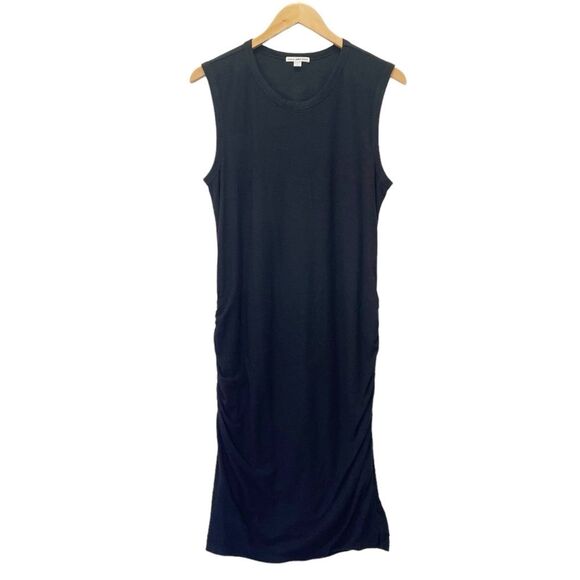 Standard James Perse Black Slub Knit Side Ruched Midi Tank Dress Size 4 US XL - Picture 1 of 10